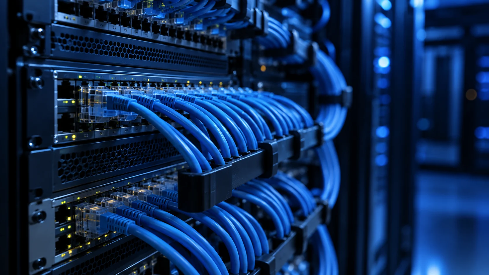 Detalhe de conexões e cabeamento organizado em um rack de rede